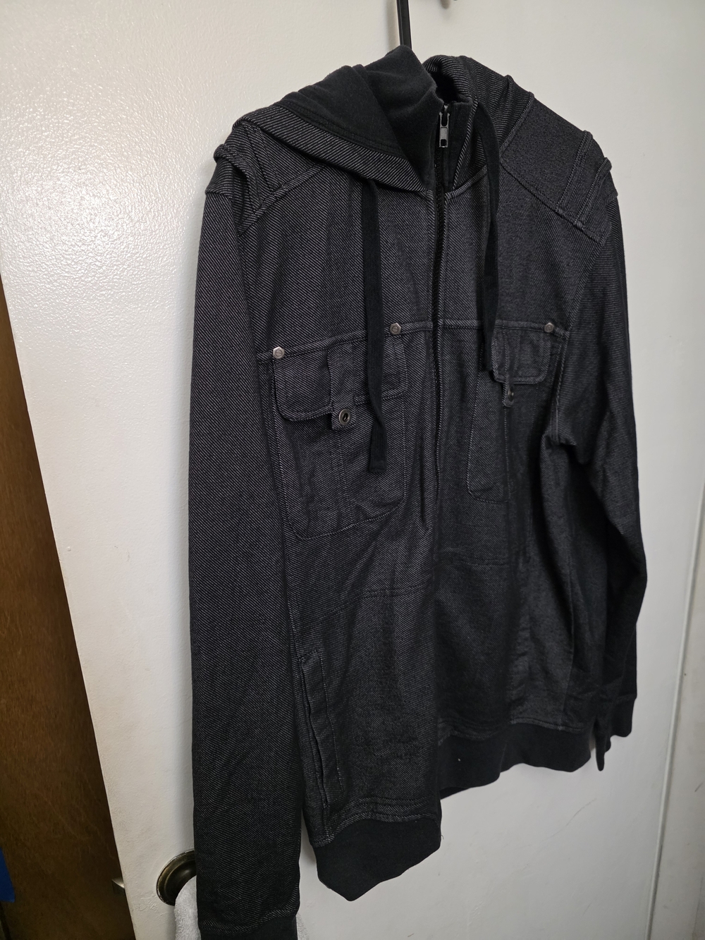 Jack by BB Dakota Black Hooded Jacket with Subtle Blue Logo Accent